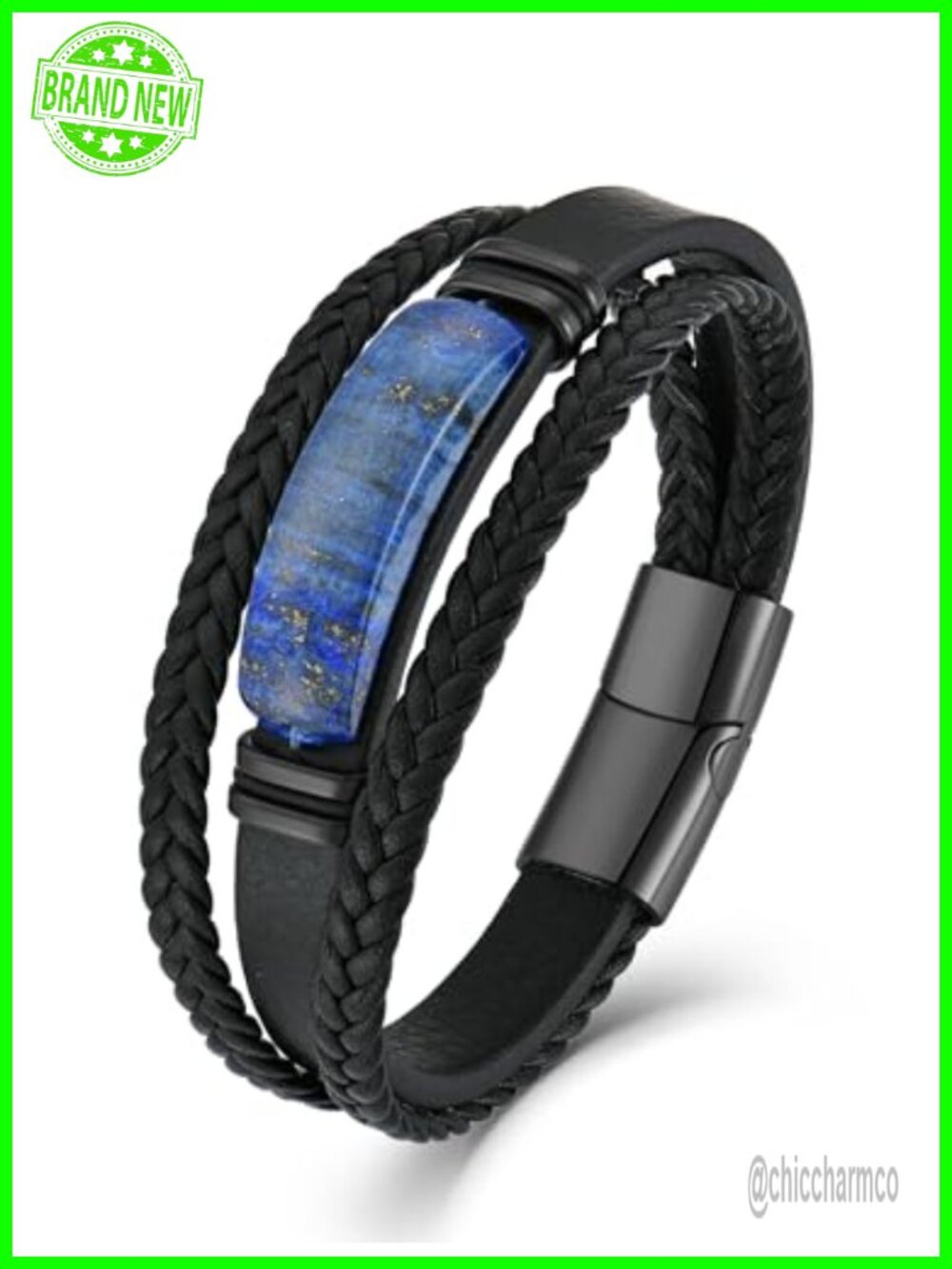 Lapis Lazuli Beaded Bracelet Men Leather Wristband Classic Jewelry